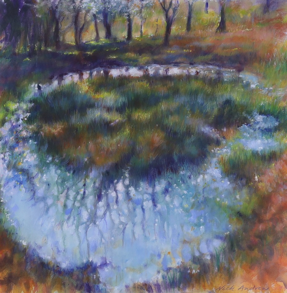 Nick Andrew (b.1957), acrylic on paper, 'Moon Pond', signed, with Unicorn Gallery label verso and dated 1990, 56 x 56cm